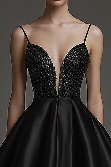 Sparkly Black Satin Short Graduation Dress with Beading